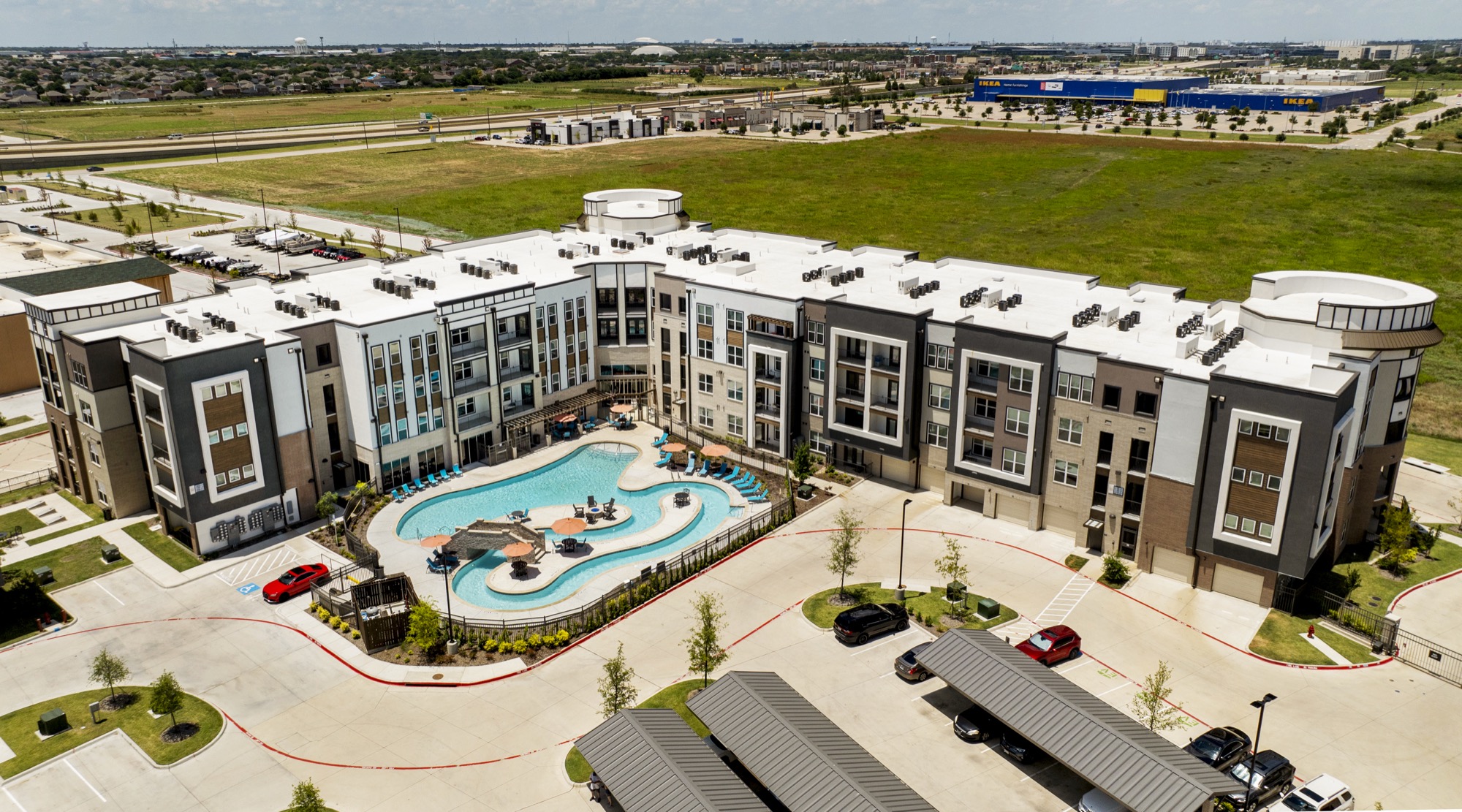 Aerial view of The Duvall community and pool